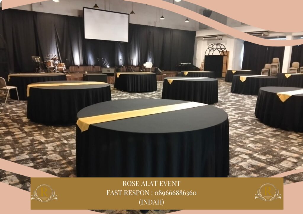 Rental Meja Model Type Bentuk Bulat Cover Dan Runner gold Tegal