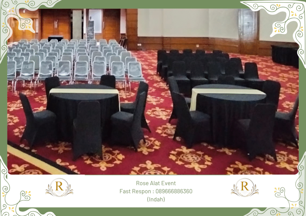 Rental Meja Bulat Cover Hitam Lengkap Runner Bumiayu
