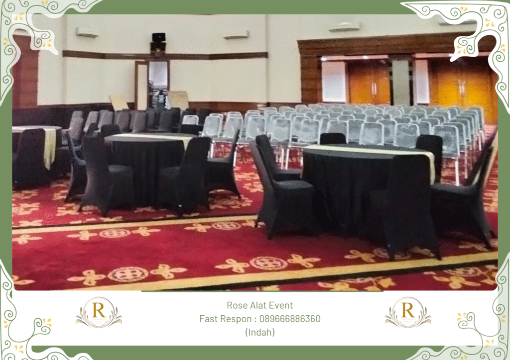 Rental Meja Bulat Cover Hitam Lengkap Runner Bumiayu