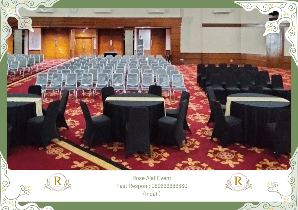 Rental Meja Bulat Cover Hitam Lengkap Runner Bumiayu