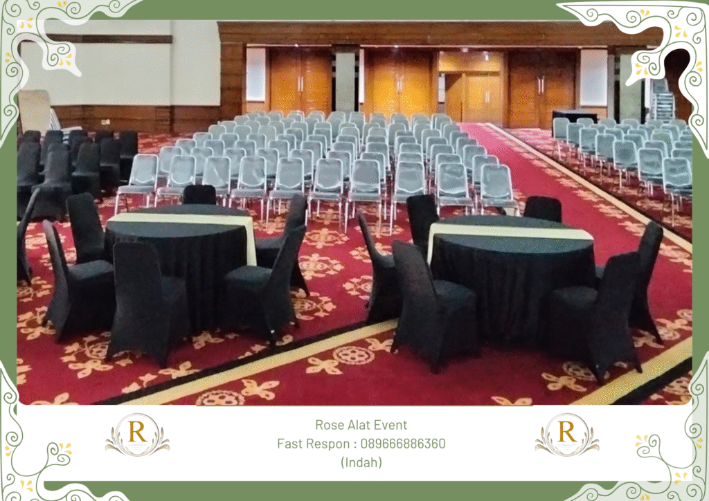 Rental Meja Bulat Cover Hitam Lengkap Runner Bumiayu